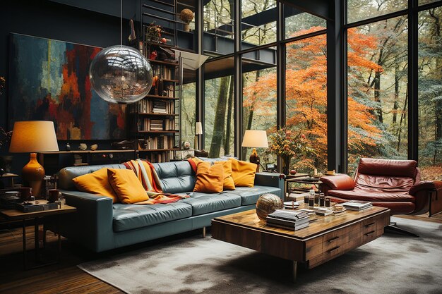 Photo living room exuding vintage coziness retroinspired furniture and nostalgic decor