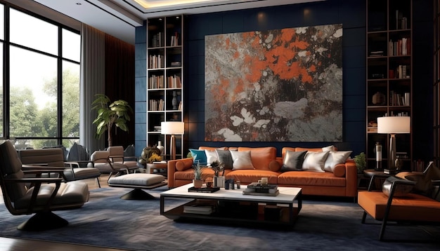 the living room features large paintings