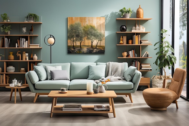 living room featuring a double cyan color sofa and tea table set behind light pastelcolored wall