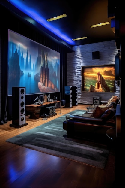 Foto salotto con un impressionante sistema di home theater creato con l'ai generativa