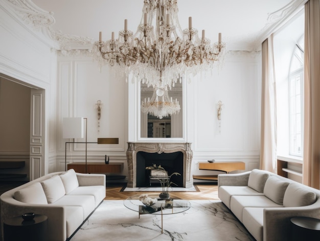 Photo a living room filled with furniture and a chandelier generative ai image