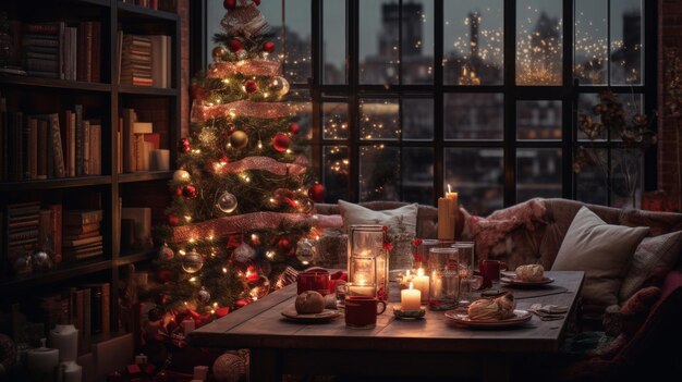 家具とクリスマスツリーで満たされたリビングルーム