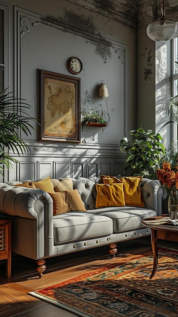 a living room filled with furniture and a clock