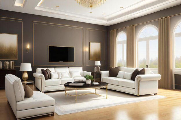 a living room filled with furniture and a flat screen tv gold and luxury materials