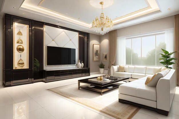 リビングルームには家具とフラットスクリーンテレビがあり、ゴールドと高級素材が使われています。