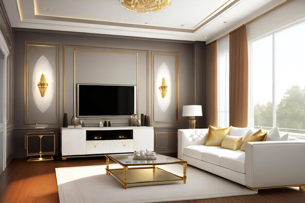 a living room filled with furniture and a flat screen tv gold and luxury materials