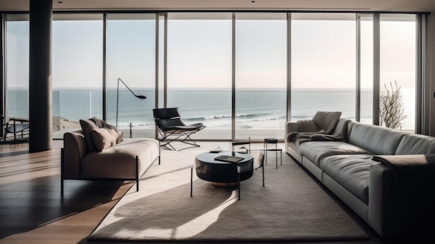 家具と大きな窓で満たされたリビングルーム 生成 AI 画像