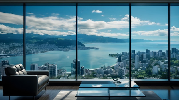 A living room filled with furniture and a large window window view from glass window