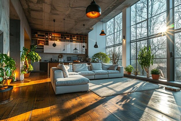 a living room filled with furniture and large windows