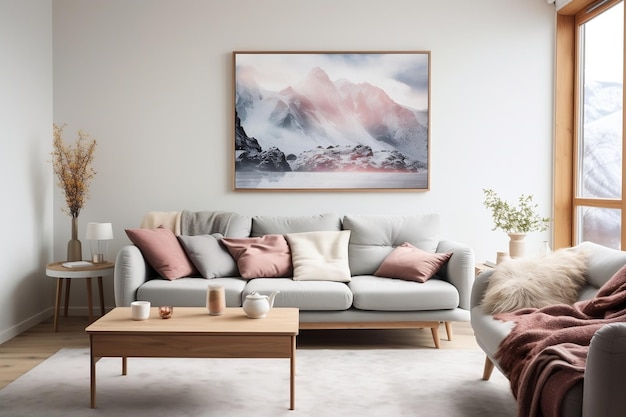 A living room filled with furniture and a painting on the wall AI