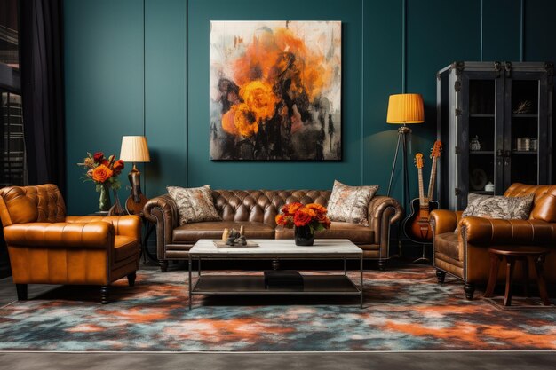 A living room filled with furniture and a painting on the wall