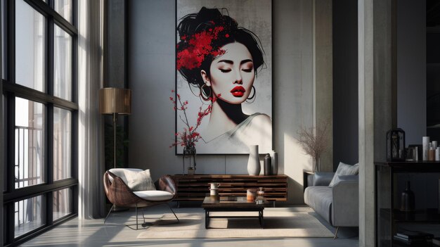 Foto un soggiorno pieno di mobili e un dipinto sulla parete