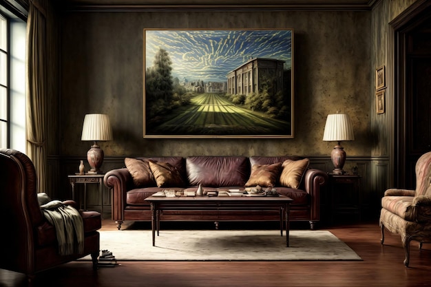 家具と壁の絵画で満たされたリビング ルーム