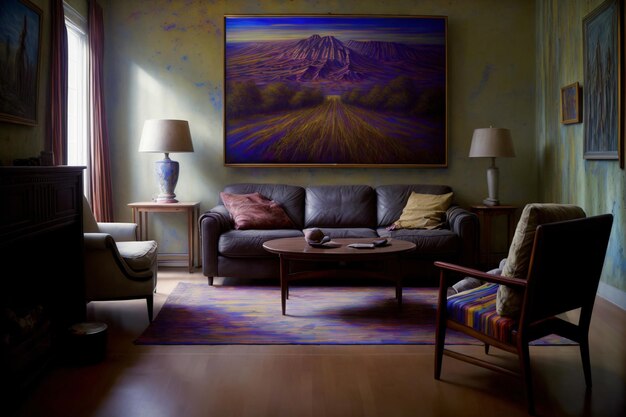 A Living Room Filled With Furniture And A Painting On The Wall