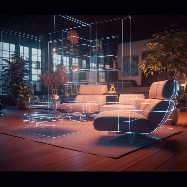 Photo a living room filled with furniture and a plant