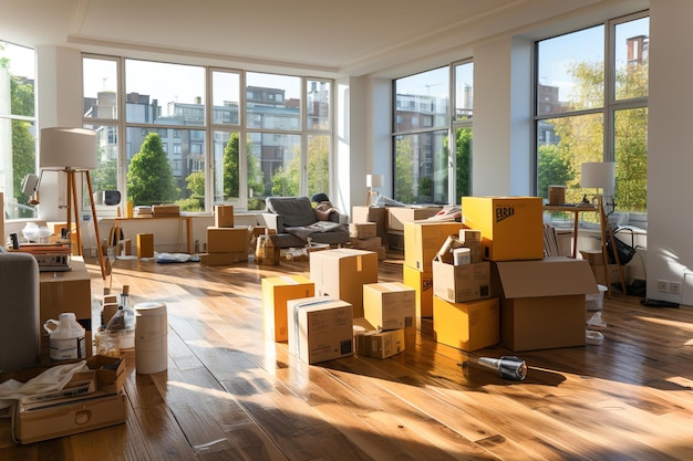 A living room filled with lots of boxes packaging for moving