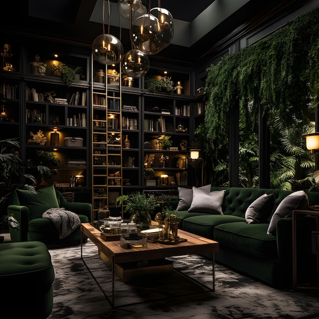 гостиная, заполненная большим количеством зеленой мебели Голливудский гламурный интерьер Библиотеки с лесным зеленым