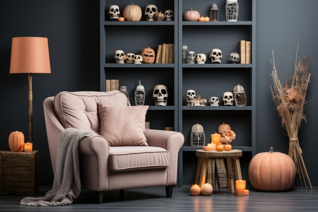 Photo a living room filled with lots of halloween decorations surreal halloween background