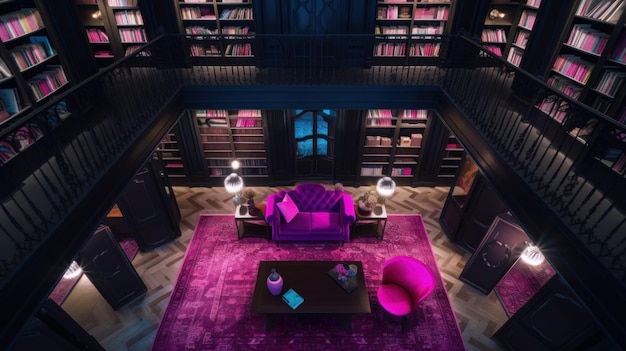 紫色の家具がたくさん置かれたリビングルーム AI生成画像