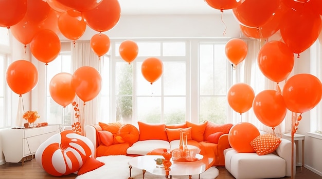 Living room filled with lots of windows covered in orange and white balloons