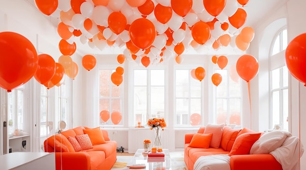 Living room filled with lots of windows covered in orange and white balloons