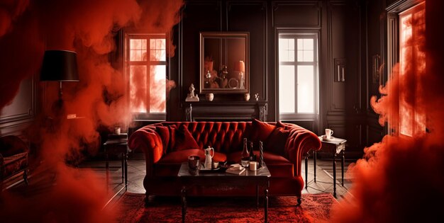 Living room filled with red and black smoke