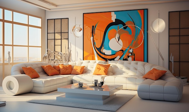 A living room filled with white couches and orange pillows