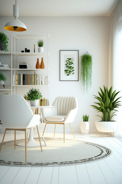 Living room filled with white furniture and potted plant next to window Generative AI