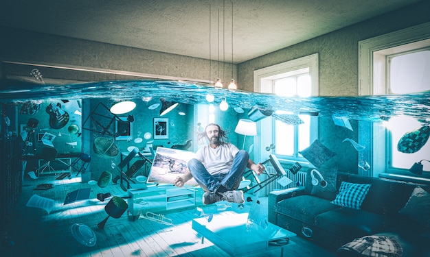 Living room flooded with floating objects and man with long hair 