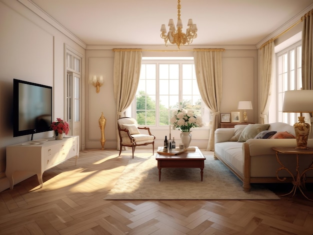 Living room french country style with a tv a flower vase on the table and wood parquet flooring sunlight shines through the window Generative AI