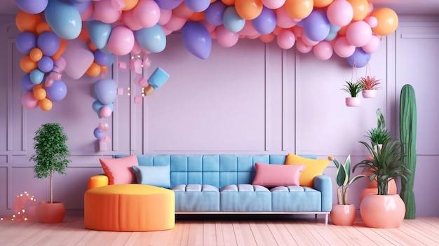 Living room full of colorful balloons by sofa