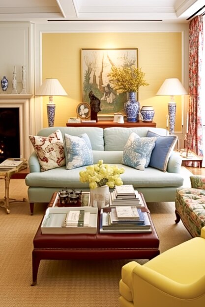 Мебель для гостиной диван и декорация дома в ярких цветах декорация гостиной дизайн интерьера в английском загородном доме и элегантном стиле коттеджа генеративный ai