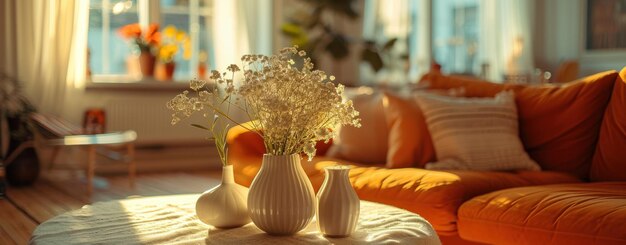 a living room furniture with small vases