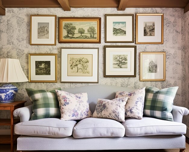 Living room gallery wall home decor and wall art framed art in the English country cottage interior room for diy printable artwork mockup and print shop idea