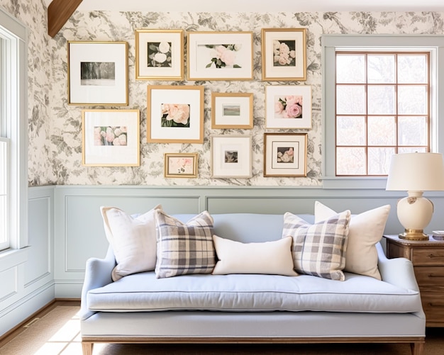 リビングルームギャラリーの壁の家の装飾と壁アートは、イギリスのカントリーコテージのインテリアルームのDIY印刷可能なアートワークモックアップとプリントショップ用のフレームアートです。