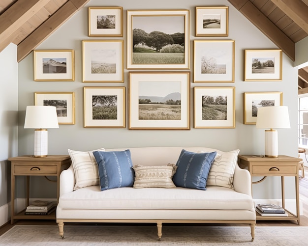 Living room gallery wall home decor and wall art framed art in the English country cottage interior room for diy printable artwork mockup and print shop