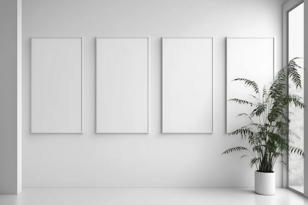 Living room gallery wall mockup, frames on the wall, minimalist frame mockup, Poster, 3d render.