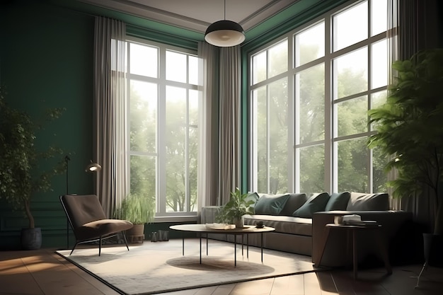 living room green concept elegant with big window Generated ai