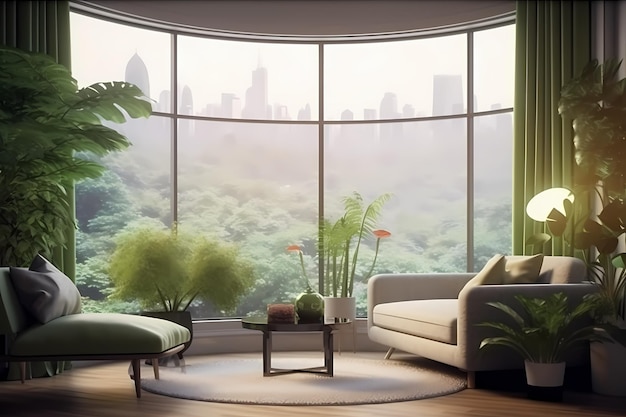 living room green concept elegant with big window Generated ai