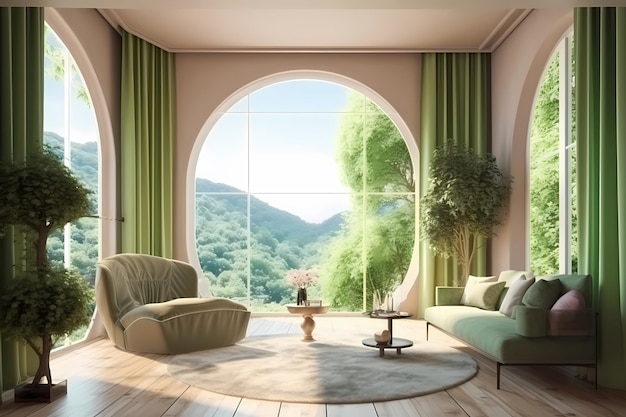 living room green concept elegant with big window Generated ai