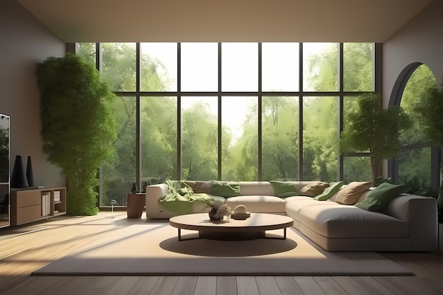 living room green concept elegant with big window Generated ai