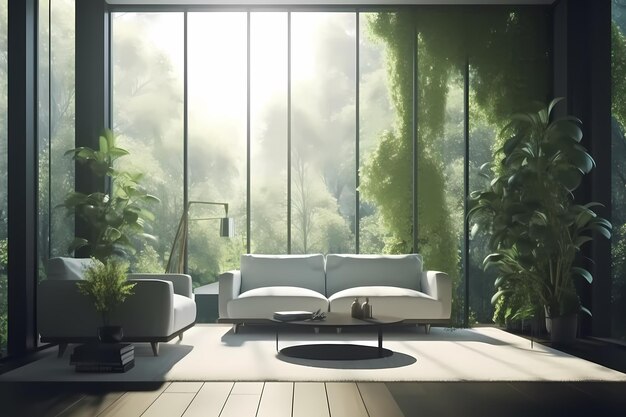 living room green concept elegant with big window Generated ai