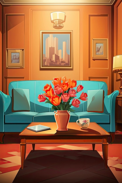 The living room had furniture a painting and flowers Generative AI