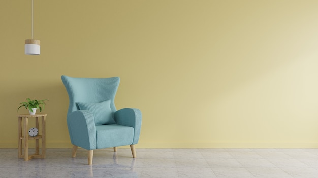 Il soggiorno ha un divano blu decorato con lampade e alberi con pareti gialle sullo sfondo rendering 3d.