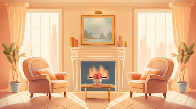 The living room has a fireplace and two armchairs Illustration Generative AI