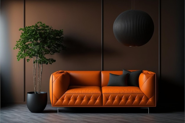 リビング ルームにはオレンジ色の革張りのソファがあり、ミニマリズムのスタイルのリビング ルームのモダンな改装の一例です。