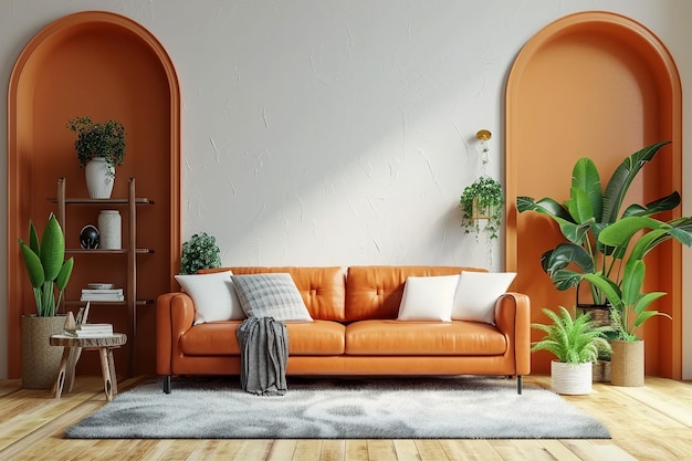 Photo living room have orange leather sofa and decoration minimal on two tone wall3d rendering