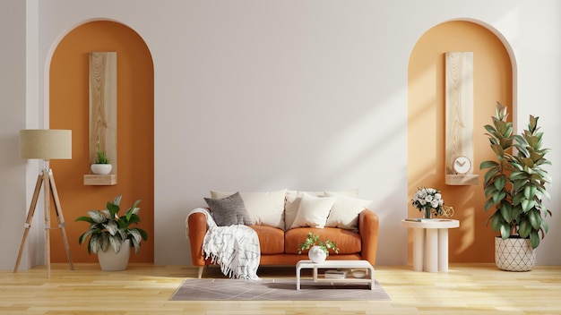 Living room have orange leather sofa and decoration minimal on two tone wall