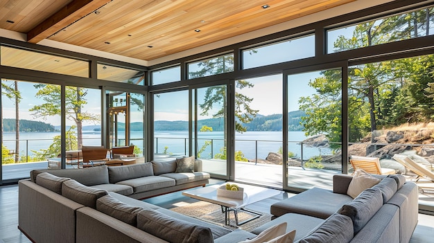 the living room of the home has a view of the lake and mountains