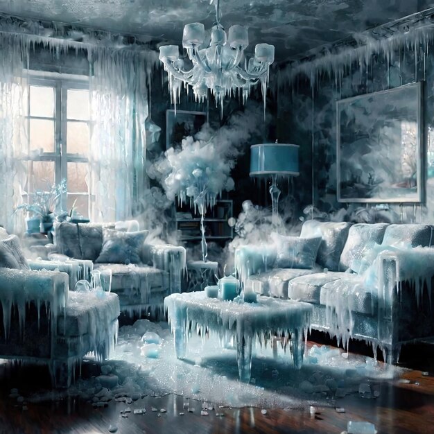 Интерьер гостиной, дома, экстремальное похолодание, зимний холод, замороженный и покрытый льдом